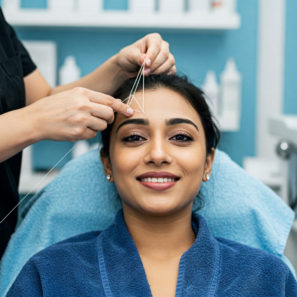 Indian woman receiving professional eyebrow threading at a beauty salon