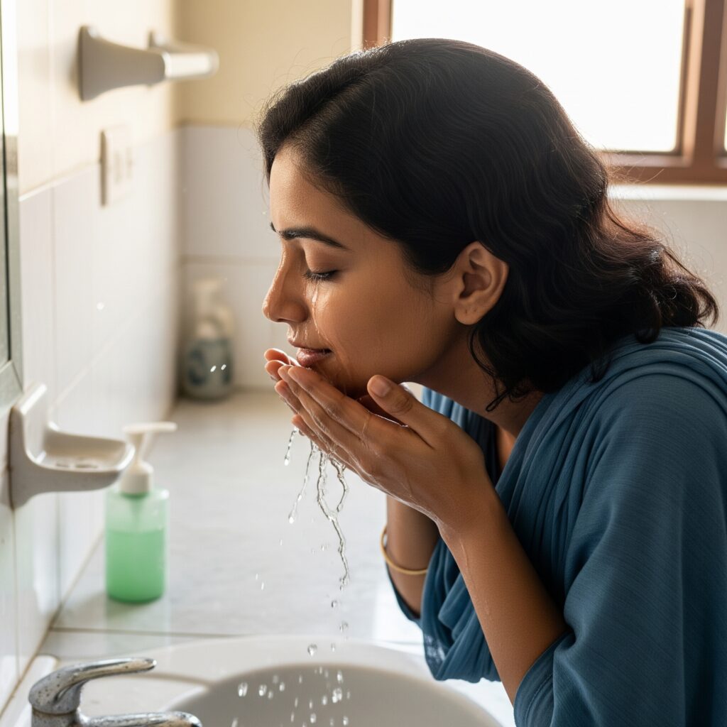 women washing face